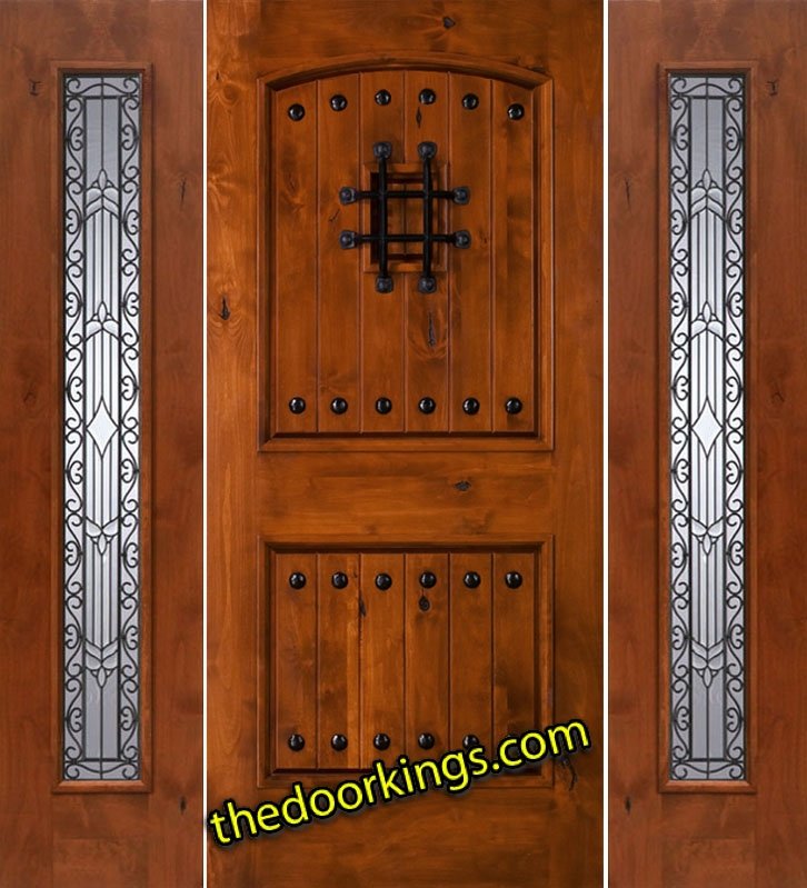 sw83 knotty alder wood door with two iron classic sidelites
